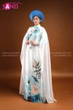 TAE0804 Áo Dài Thiết Kế Tay Lơi Hoạ Tiết Sen Trắng - Màu Trắng Loang Xanh Dương ( KÈM MẤN )