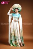 TAE0805 Áo Dài Thiết Kế Tay Lơi Hoạ Tiết Sen Xanh - Màu Trắng Loang Xanh ( KÈM MẤN )