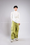 Outfit Phối Sẵn - (Quần Ống Rộng Túi Hộp Xanh phối Áo Thun Tay Lưới Trắng)