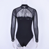 Áo Bodysuit dài tay lưới khoét ngực cột dây Đen