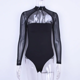 Áo Bodysuit dài tay lưới khoét ngực cột dây Đen