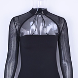 Áo Bodysuit dài tay lưới khoét ngực cột dây Đen