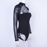 Áo Bodysuit dài tay lưới khoét ngực cột dây Đen