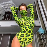 Áo Bodysuit dài tay xanh neon họa tiết da beo