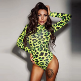 Áo Bodysuit dài tay xanh neon họa tiết da beo