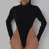 Áo Bodysuit Đen Body dài tay phối xích 2 bên hông