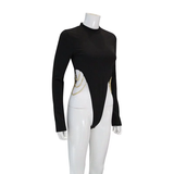 Áo Bodysuit Đen Body dài tay phối xích 2 bên hông