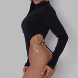 Áo Bodysuit Đen Body dài tay phối xích 2 bên hông