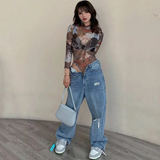 Áo Bodysuit lưới dài tay cổ lọ họa tiết nâu