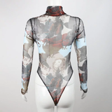 Áo Bodysuit lưới dài tay cổ lọ họa tiết nâu