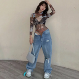 Áo Bodysuit lưới dài tay cổ lọ họa tiết nâu