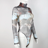 Áo Bodysuit lưới dài tay cổ lọ họa tiết nâu