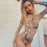 Áo Bodysuit lưới dài tay cổ lọ họa tiết tạp chí