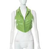 Áo Croptop Không Tay Cổ Sơmi Da Lì Khóa Gài Trước - Xanh Lá