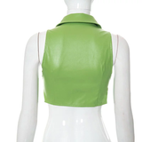 Áo Croptop Không Tay Cổ Sơmi Da Lì Khóa Gài Trước - Xanh Lá