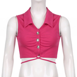 Áo croptop không tay cổ sơmi hồng phối nút đan dây bụng