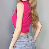 Áo croptop không tay cổ sơmi hồng phối nút đan dây bụng
