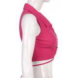 Áo croptop không tay cổ sơmi hồng phối nút đan dây bụng