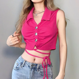 Áo croptop không tay cổ sơmi hồng phối nút đan dây bụng