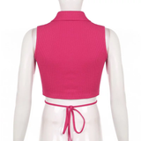 Áo croptop không tay cổ sơmi hồng phối nút đan dây bụng