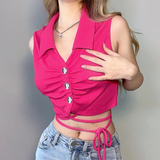 Áo croptop không tay cổ sơmi hồng phối nút đan dây bụng
