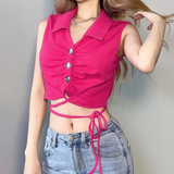 Áo croptop không tay cổ sơmi hồng phối nút đan dây bụng