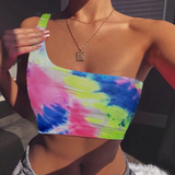 Áo croptop không tay lệch 1 bên vai màu loang
