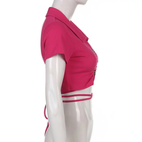 Áo croptop ngắn tay cổ Sơ Mi phối nút thắt đan dây bụng - Hồng