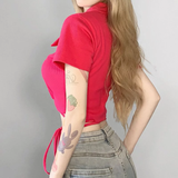 Áo croptop ngắn tay cổ Sơ Mi phối nút thắt đan dây bụng - Hồng