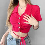 Áo croptop ngắn tay cổ Sơ Mi phối nút thắt đan dây bụng - Hồng