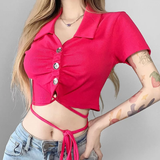 Áo croptop ngắn tay cổ Sơ Mi phối nút thắt đan dây bụng - Hồng