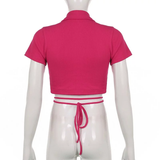 Áo croptop ngắn tay cổ Sơ Mi phối nút thắt đan dây bụng - Hồng