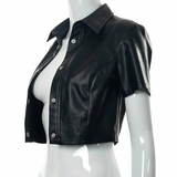 Áo Croptop Sơmi Ngắn Tay Da Lì - Đen