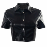 Áo Croptop Sơmi Ngắn Tay Da Lì - Đen