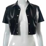 Áo Croptop Sơmi Ngắn Tay Da Lì - Đen