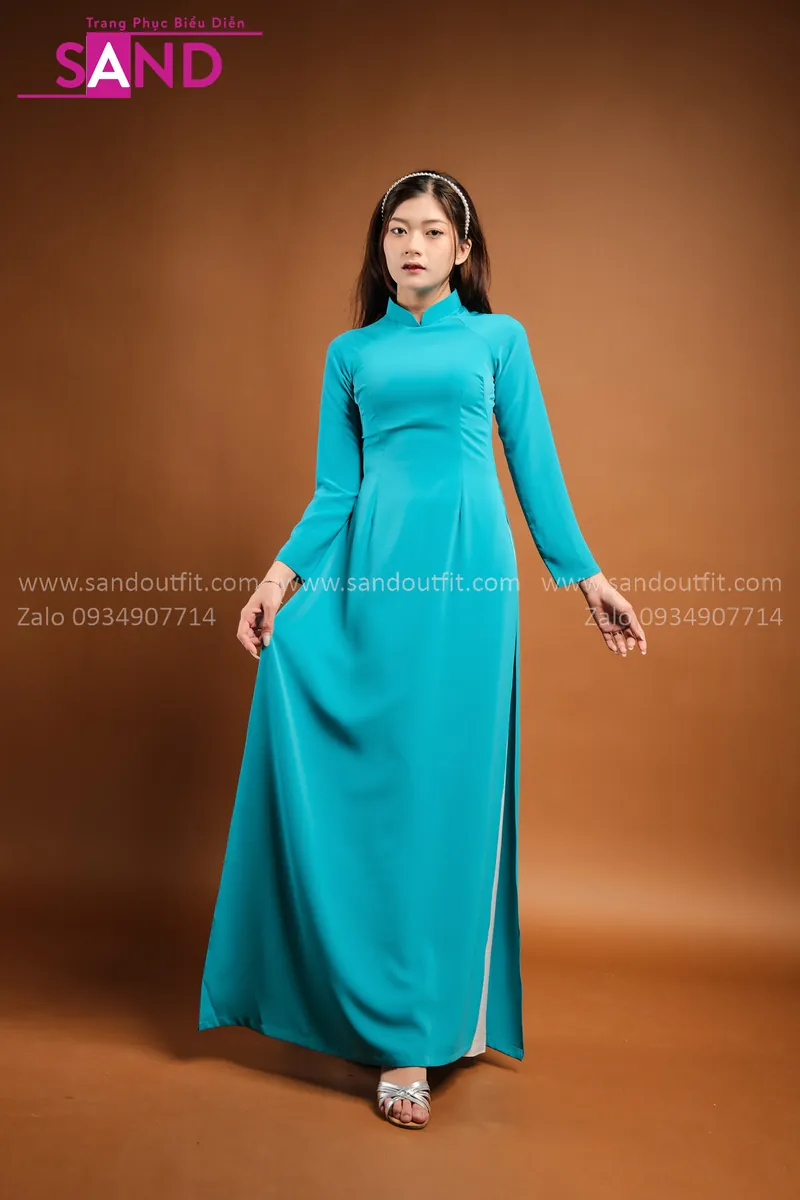 TAA0808 Áo Dài Truyền Thống Lụa Mỹ Màu Xanh Ngọc