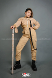 Áo Khoác Kaki Croptop Ống Tay Phối Khoen Be