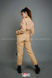 Áo Khoác Kaki Croptop Ống Tay Phối Khoen Be