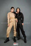 Áo Khoác Kaki Croptop Ống Tay Phối Khoen Be