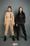 Áo Khoác Kaki Croptop Ống Tay Phối Khoen Be