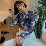 Áo lưới croptop dài tay màu xanh loang