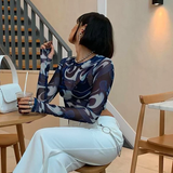 Áo lưới croptop dài tay màu xanh loang