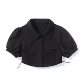 Áo Sơ Mi Croptop Ngắn Tay Phồng Dây Rút - Đen