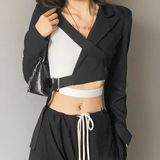 Áo vest croptop dài tay xẻ ngực phối dây khóa gài
