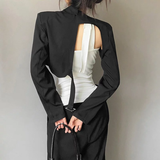 Áo vest croptop dài tay xẻ ngực phối dây khóa gài