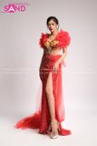 VDD0403 Váy Dạ Hội Đỏ Lông Vũ Dài Đính Đá