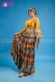 VBM0303 Váy Maxi Vàng Cổ Tim Váy Hoạ Tiết Dáng Xoè