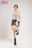 Outfit Phối Sẵn - (Váy Da Đen phối Áo Crop Kim Sa Tua Rua)