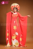 TAE0407 Áo Dài Thiết Kế Tay Dài Đỏ Hoạ Tiết Hoa Sen Vàng ( KÈM MẤN )