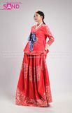 TNH0405 Hanbok Áo Đỏ Váy Đỏ Gấm In Nhũ